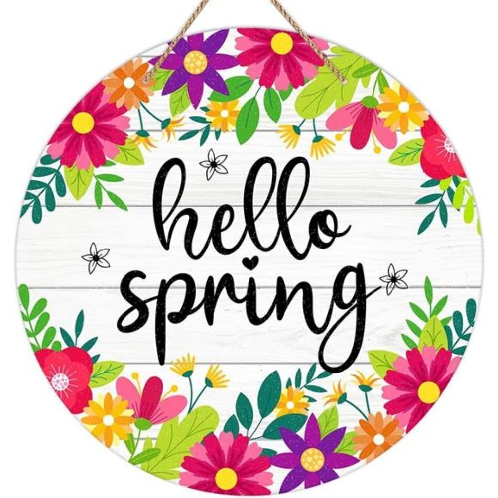 Colorful Flowers Spring Decor Sign Welcome Spring Hanger Sign Door Decor 11.5"